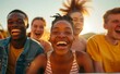 Joyous laughter and warmth in a group of diverse friends enjoying a sunset together. Relationships, community, happiness, and cultural diversity.
