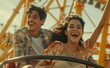 Thrill and laughter: Young couple exhilarating roller coaster adventure. Friendship, leisure and the joy of amusement parks.