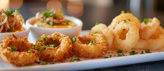 Canvas Print - Delicious plate of food with a savory bowl of sauce and a small bowl of dipping