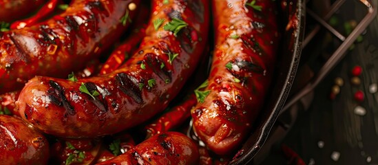 Sticker - A close-up view of spiral sausages cooked to perfection in an aged oven, sizzling in a pan with a sprinkle of pepper and garlic. The sausages are golden brown and emit a mouth-watering aroma.