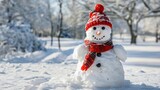 Fototapeta Tęcza - A delightful snowman adorned with a red and black hat and scarf smiles on a bright winter day, surrounded by a snowy landscape.