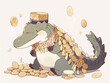 Cute crocodile embodying Nang Kwak, adorned in traditional Thai attire, sitting serenely with gold coins scattered around its tail