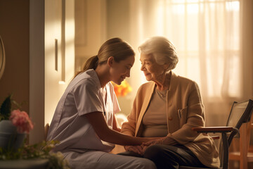 Wall Mural - Nurse helping senior, elderly care. Healthcare, medicine, medical, nursing home, hospital and clinic