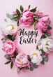 © Artlana - Happy Easter - modern calligraphy lettering on pink background with peony flowers. Holiday background.