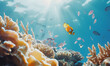 Corals and colorful tropical fish in the blue tropical sea, Generative AI