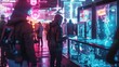 © doraclub - In a bustling cyberpunk setting, a hooded individual interacts with advanced holographic displays amidst a crowd.