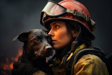 Wall Mural - Rescued dog, cradled in the arms of a female firefighter against a backdrop of smoky skies, the close-up shot capturing the firefighter's bravery and the dog's relief,