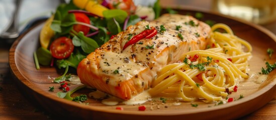 Wall Mural - Delicious plate of pasta with succulent salmon and fresh assorted vegetables in creamy sauce