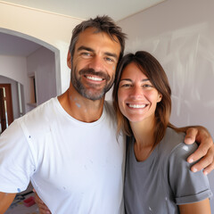 Young family couple doing renovation work at home. A happy man and woman paint the walls and decorate their house. Husband and wife standing next to the wall and discussing interior design