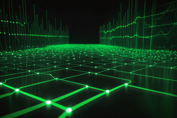 Leinwandbilder - Cyber big data flow. Blockchain green data fields. Network line connect stream
