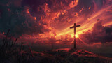 Fototapeta Most - Majestic Sunset Behind the Christian Cross on a Rugged Hilltop Symbolizing Hope and Faith