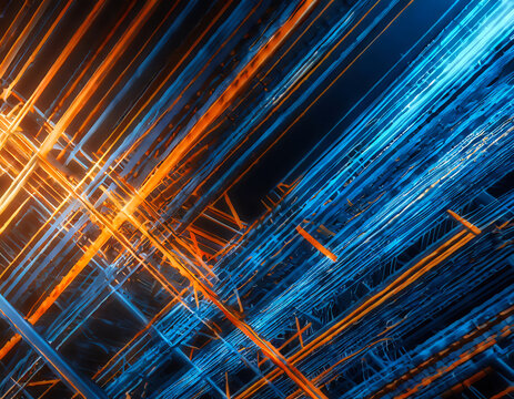 Abstract background with blue and orange lines. Digital illustration. 3D rendering