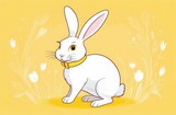 Fototapeta Miasta - White fluffy Easter bunny sitting among flowers. Spring Easter illustration on pastel yellow background.