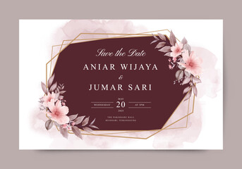 Wall Mural - Elegant template wedding invitation card with red floral and geometric frame