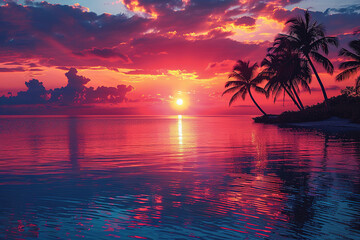 Wall Mural - Sunset silhouettes with palm trees framing the horizon in shades of orange, pink and purple.