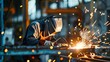 A skilled welder in protective gear meticulously joins metal parts using a welding torch in an industrial workshop, surrounded by sparks and equipment.