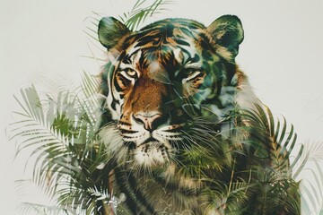 Wall Mural - A tiger overlaid with the intricate patterns of tropical foliage in a double exposure
