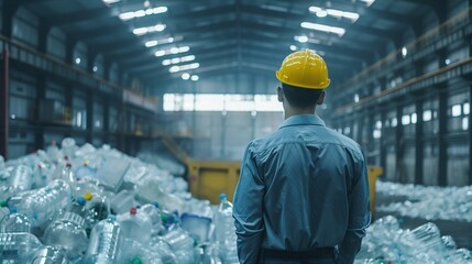 Wall Mural - An environmental engineer in safety gear inspects a large heap of PET plastic bottles at a recycling facility, preparing them for the process of being repurposed into new products.