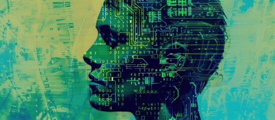 Wall Mural - Human head with circuit board of digital binary digit on blue background. AI generated image