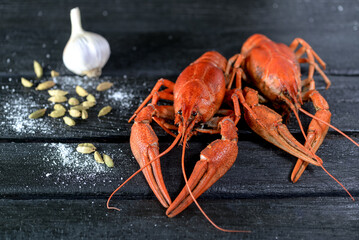 Wall Mural - crayfish on a wooden board