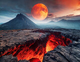 Fototapeta Natura - Fantasy mountain landscape with red full moon over on large crater crack in the ground