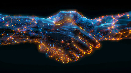 Handshake, Two wire-frame glowing hands, technology, business, trust concept,generative ai