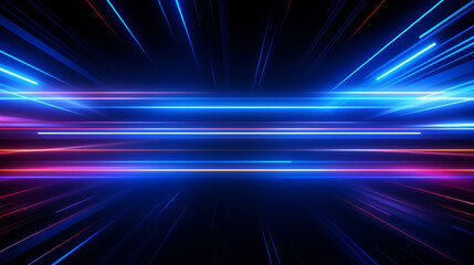 Wall Mural - Lights and stripes moving fast on dark background, futuristic technology colorful background