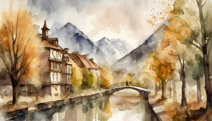 Wall Mural - hand drawn watercolor painting of a traditional european village by the river. Houses, bridge, church and mountain around the village with autumn colors