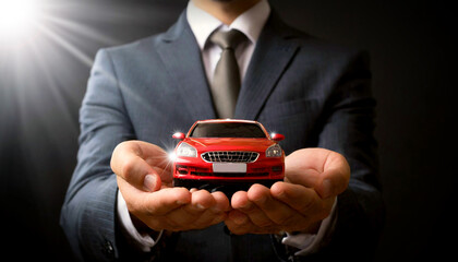 Closeup of hands of a businessman (salesman) in formal clothing, holding a red miniature car on a dark background. Generative Ai.