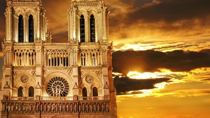 Wall Mural - Notre Dame de Paris against the background of the sunset (4K, time lapse, with zoom), also known as Notre Dame Cathedral or simply Notre Dame, is a Gothic, Roman Catholic cathedral of Paris, France