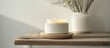 Unbranded ceramic candle with home fragrances for relaxation and calm, featuring a floral scent on a wooden rack, viewed from the top.