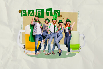 Sticker - Collage photo banner of smiling cheerful friends people dressed theme costumes celebrating holidays cool party saint patrick day