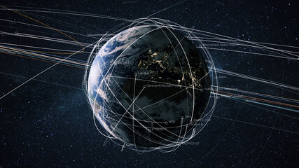 Poster - Beautiful blue planet Earth with satellites and trajectory lines in starry space. Planet Earth with the light of the night cities of Europe and the movement of the earth's satellites