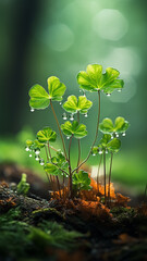Wall Mural - vertical background green forest, dew drops and wet rain on young leaves and shoots in the depths of