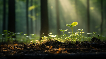 Wall Mural - green shoots in the forest, sun rays in the morning green forest wildlife, eco concept freshness of 