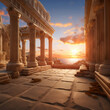 © Surachetsh - panorama of an ancient Greek rock temple, where twilight casts its enchanting glow upon the Doric column ruins, evoking a sense of timeless majesty.