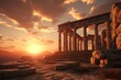 © Surachetsh - panorama of an ancient Greek rock temple, where twilight casts its enchanting glow upon the Doric column ruins, evoking a sense of timeless majesty.