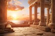 © Surachetsh - panorama of an ancient Greek rock temple, where twilight casts its enchanting glow upon the Doric column ruins, evoking a sense of timeless majesty.