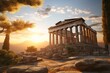© Surachetsh - panorama of an ancient Greek rock temple, where twilight casts its enchanting glow upon the Doric column ruins, evoking a sense of timeless majesty.