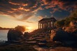 © Surachetsh - panorama of an ancient Greek rock temple, where twilight casts its enchanting glow upon the Doric column ruins, evoking a sense of timeless majesty.