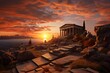 © Surachetsh - panorama of an ancient Greek rock temple, where twilight casts its enchanting glow upon the Doric column ruins, evoking a sense of timeless majesty.