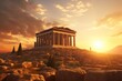 © Surachetsh - panorama of an ancient Greek rock temple, where twilight casts its enchanting glow upon the Doric column ruins, evoking a sense of timeless majesty.