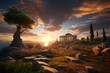 © Surachetsh - panorama of an ancient Greek rock temple, where twilight casts its enchanting glow upon the Doric column ruins, evoking a sense of timeless majesty.