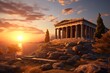 © Surachetsh - panorama of an ancient Greek rock temple, where twilight casts its enchanting glow upon the Doric column ruins, evoking a sense of timeless majesty.