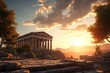 © Surachetsh - panorama of an ancient Greek rock temple, where twilight casts its enchanting glow upon the Doric column ruins, evoking a sense of timeless majesty.