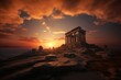 © Surachetsh - panorama of an ancient Greek rock temple, where twilight casts its enchanting glow upon the Doric column ruins, evoking a sense of timeless majesty.
