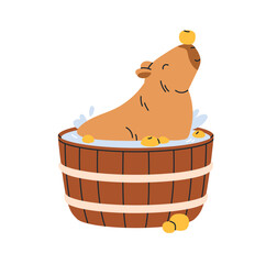 Poster - Cute funny capybara bathing in water, hot bath with fruits. Happy capy enjoying, relaxing, resting in barrel with yuzu. Adorable lazy capibara. Flat vector illustration isolated on white background
