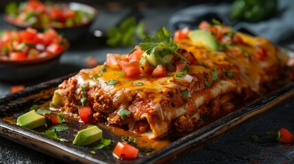 Wall Mural - Delicious Homemade Beef Enchiladas with Melted Cheese, Fresh Herbs, and Avocado on a Dark Background