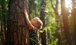 a young child affectionately hugging a tree in a sunlit forest, symbolizing a connection with nature