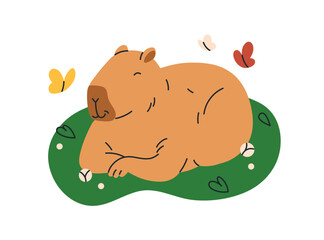 Poster - Cute funny capybara sleeping in nature. Happy capy asleep. Sweet lazy capibara animal relaxing, resting in peace, chilling, lying on grass. Flat vector illustration isolated on white background